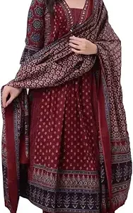 KLOSIA Women's Rayon Printed Anarkali Kurta and Pant with Dupatta Set